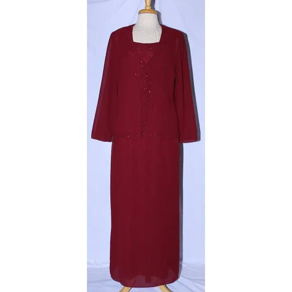 Poly USA #5120 Beaded Chiffon Mother's Gown With Jacket-Size L-BURGUNDY-NWT - Picture 1 of 11